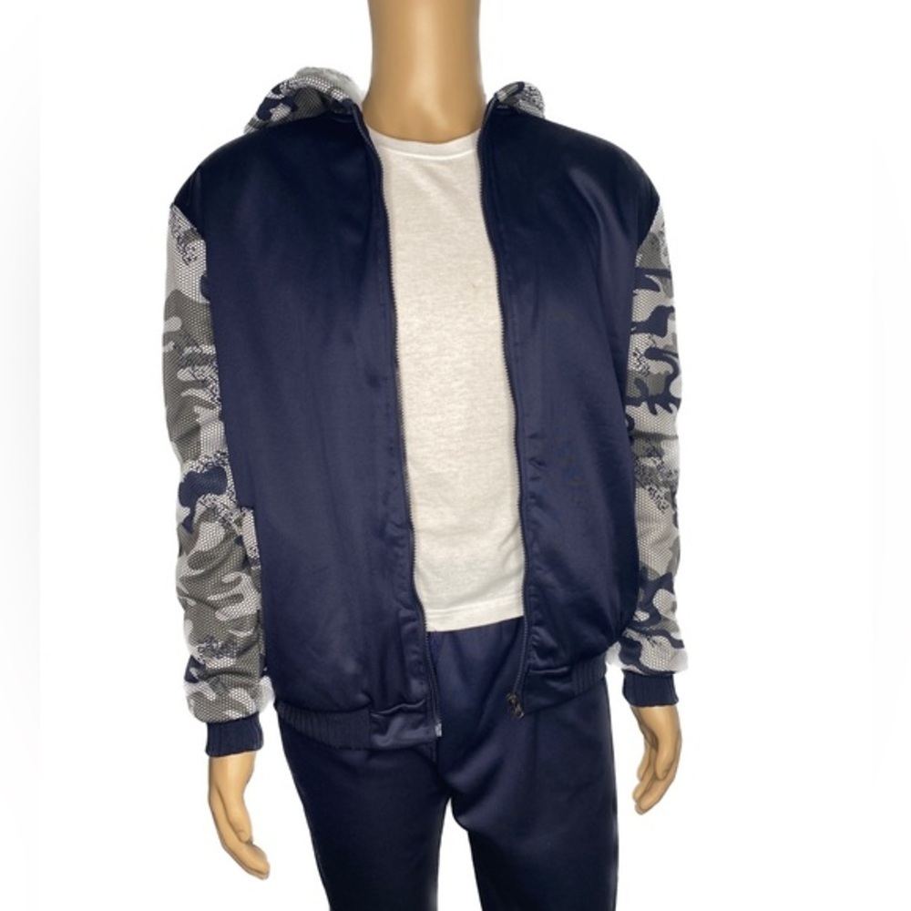 Fleece Lined Camo Hooded Jacket (Size: 4XL Youth, Color: Navy Blue/Grey)